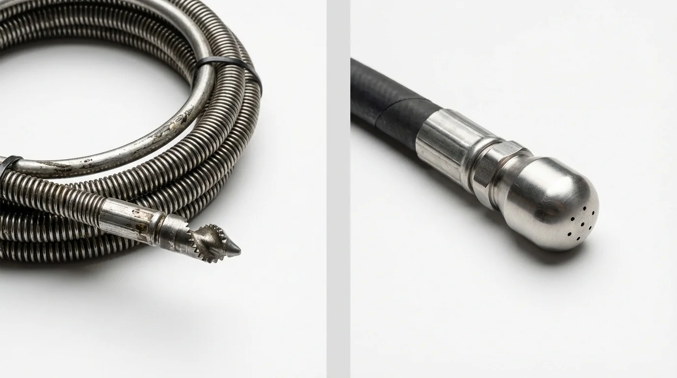 Drain snake cable and hydro jetting nozzle used for drain cleaning in Brooklyn, IA