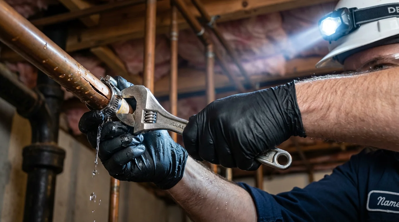 Emergency pipe clamp repair being performed by a Johns Plumbing LLC plumber in Brooklyn