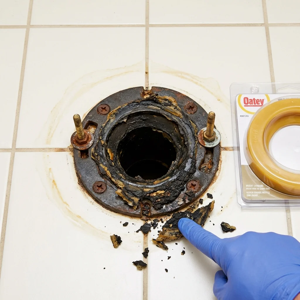 Failed wax ring showing water seepage at the base of a toilet in a Brooklyn, IA home